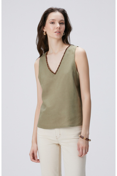 Network Haki Keten Karışımlı Bluz