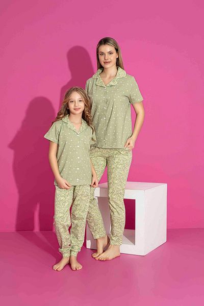 Tarık Mother Daughter Combination κοντομάνικο πουκάμισο μακρύ πάτο Lycra χτενισμένο βαμβακερό ύφασμα μεσαίου πάχους σετ πιτζάμες-3023