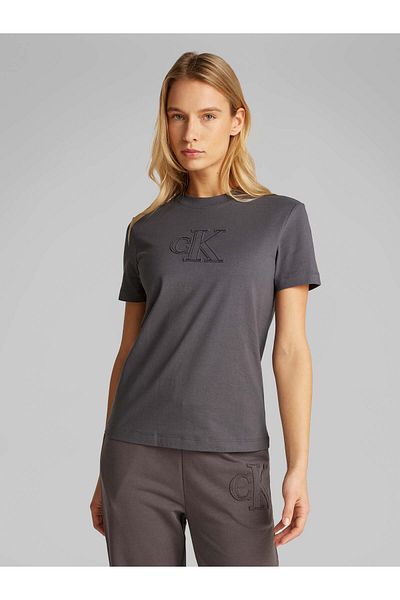 Calvin Klein Women's Short Sleeve Crew Neck Ck Text Detail Reqular Fit Gray T-Shirt J20J 225256 -Pmp