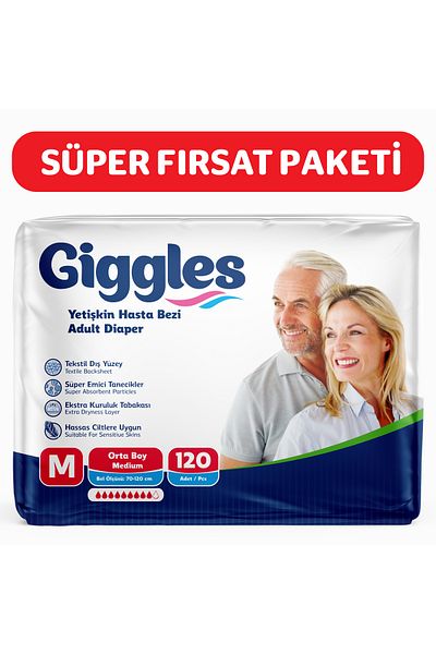 giggles Adult Patient Diapers Medium Size (Medi̇um) 4 Pack (120 Pcs) Waist Size: 70 - 120 cm