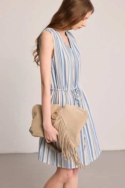 Gusto Rochie mini din in dungi cu talie adunată - Albastru