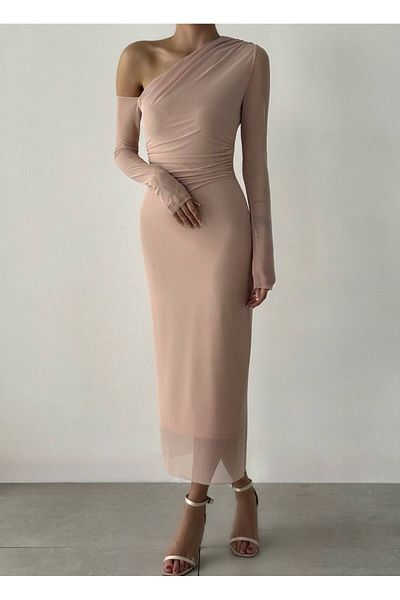Quzu Asymmetrical Neckline Tulle Midi Dress