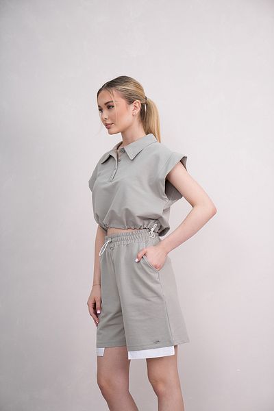 PONÇİK Women's Shirt Collar Combed Cotton Shorts Suit with Pocket Elastic 25066