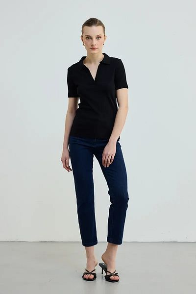 Gusto Tricou camisole din bumbac cu gât polo - negru