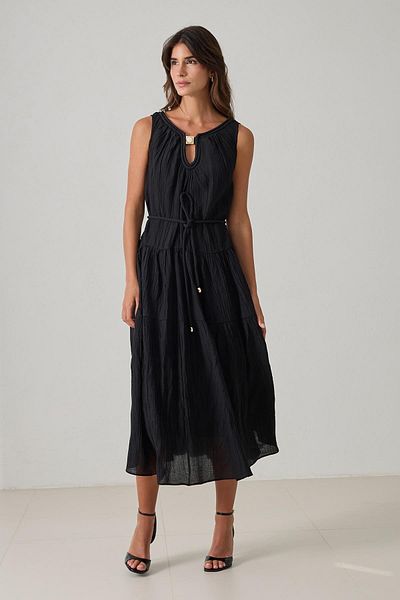 Setre Black Neck Detailed Sleeveless Relaxed Cut Midi Dress