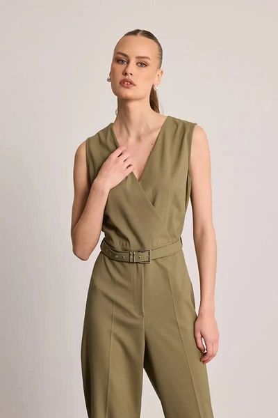 Gusto Wrap Cut Jumpsuit with Belt - Khaki