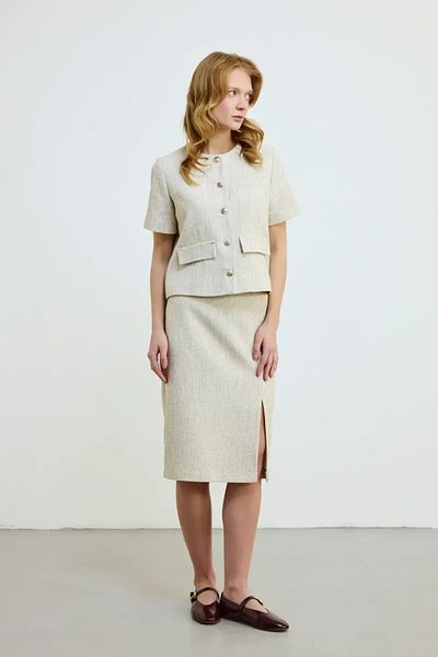 Gusto Cotton Tweed Skirt with Front Slit - Ecru