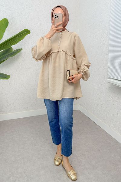 Salih Çelebi Frilly Balloon Sleeve Tunic 2295 - Beige