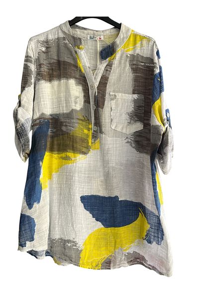 Park Moda γυναικεία ιταλική μπλούζα με στάμπα PATCHWORK με λεπτομέρεια πτυσσόμενα μανίκια από 100% βαμβάκι