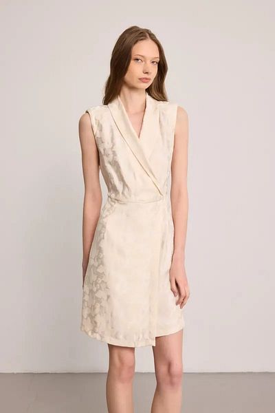 Gusto Jacquard Patterned Dress with Shawl Collar - Ecru