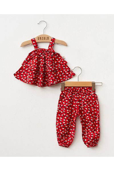Jammybaby Margarita Floral 100% Viscose Woven Strap Summer Baby Girl Set - Red
