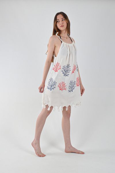 REİNA TEKS Beachwear Viscon Dress Red-Blue Coral Pattern Cotton Lacing Detailed Beach Dress 1Pcs Pareo
