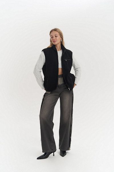 MAİ COLLECTİON Alberg Czarna Casualowa Kamizelka Teddy