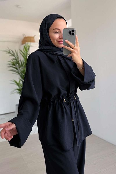 Ka Hijab Σετ με λεπτομέρεια με κορδόνια casual - Μαύρο