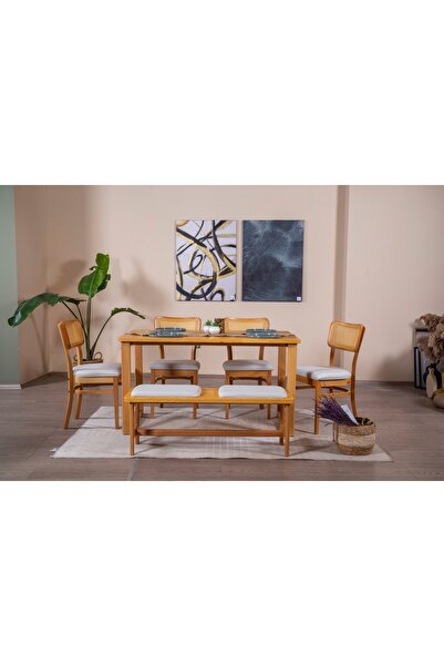 Vivense HAZERAN İSKANDİNAV MASİF MUTFAK MASA TAKIMI, 4 SANDALYE 1 BENCH, 80X160