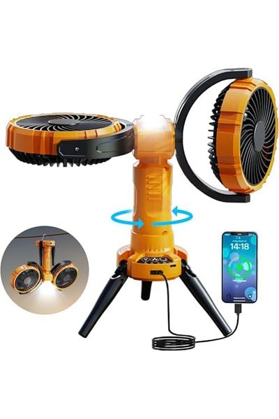 Generic Double Head Camping Fan with LED Light, 8000mAh Battery, 270° Oscillation, 360° Rotation