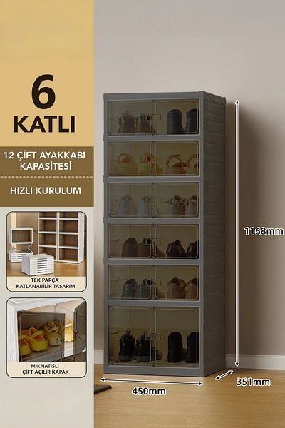 EVLE Πτυσσόμενο ράφι παπουτσιών 6 επιπέδων, αρθρωτό ντουλάπι παπουτσιών, φορητός οργανωτής, ανθρακί