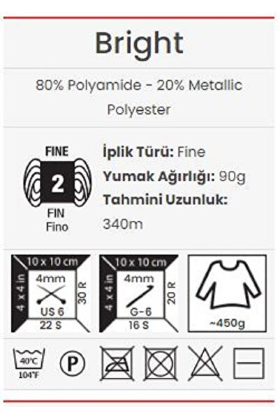 Yarnart Bright -121- Parlak Metalik ve İnce Örgü İpi%80 Poliamit – %20 Metalik Polyester 90gr 340metre