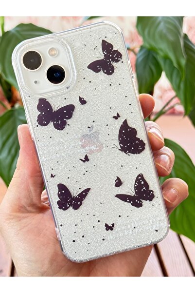 Fibaks Apple Iphone 14 Plus / 15 Plus Uyumlu Kılıf Simli Siyah Kelebek Desenli Renkli Parlak Darbe Emici