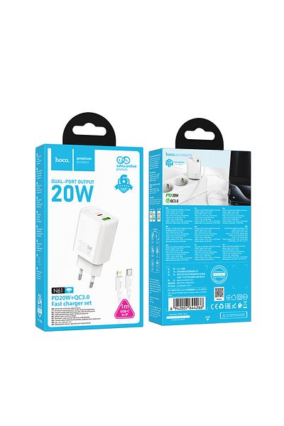 REDz Accessories Set adaptor și cablu Lightning HOCO N61, compatibil cu iPhone, încărcare rapidă 20W, alb