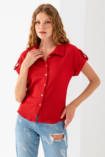 GİYSA Women's Shirt Collar Short Sleeve Wrap Blouse Red - 20270