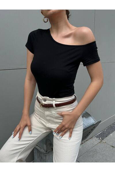 minaaise Women's Black Boat Neck Cotton Fabric Short Sleeve Body 29129