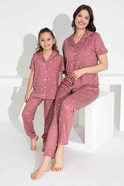 Tarık Mother Daughter Combination Short Sleeve Shirt Long Bottom Milan Fabric Medium Thick Pajamas Set