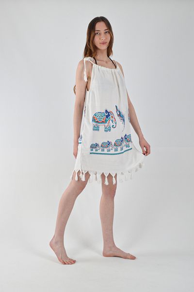 REİNA TEKS Beachwear Viscon Dress Blue Elephant Patterned Cotton Beach Dress with Lacing Detail 1Pc Pareo