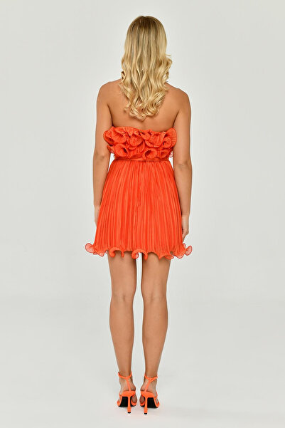 ALFABETA Straplez Piliseli Şifon Kısa Elbise Alfa Beta