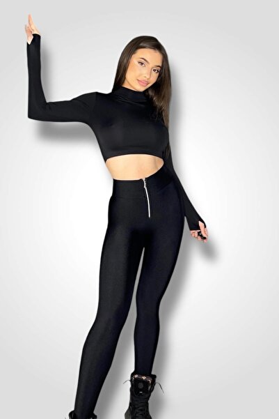 BOMBFIT Colanti Luciosi Zipper Black Premium, de dama, cu Talie Înaltă