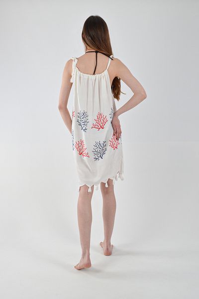 REİNA TEKS Beachwear Viscon Dress Red-Blue Coral Pattern Cotton Lacing Detailed Beach Dress 1Pcs Pareo