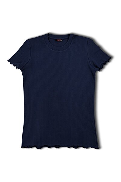 HNX Lacivert Pamuklu Fitilli Kısa Kollu Tişört ve Şort Kadın Pijama Takımı