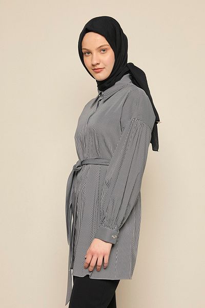 Setrms Belted Hidden Placket Striped Sports Tunic