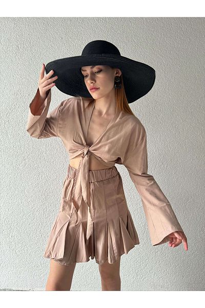 Cappmoda Tkm-03415 Μινκ Δέσιμο Λεπτομέρεια Μπλούζα Πλισέ Φούστα Διπλό Σετ