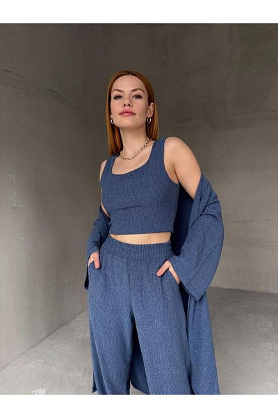 Cappmoda TKM-03657 Bluză albastră cu bretele Pantaloni palazzo cu mâneci liliac Seturi trei piese kimono
