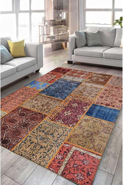 Çam Halı Çam Halı Siesta Patchwork 32-460 Etnik Eskitme Desenli Dokuma Tabanlı Yıkanabilir Şönil Salon ve Oda