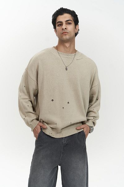 MAİ COLLECTİON Ανδρικό πλεκτό πουλόβερ Alec Corded Ripped Λεπτομέρεια Μπεζ