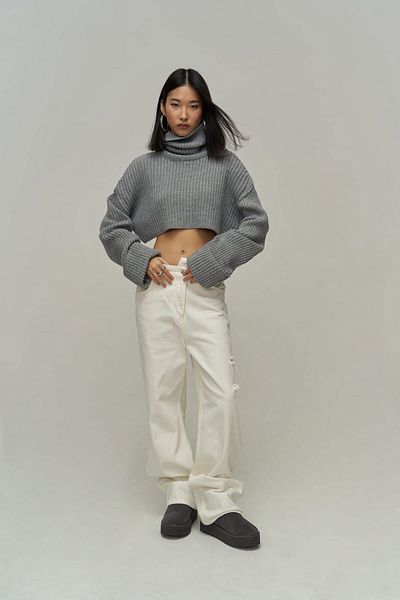 MAİ COLLECTİON Pulover crop gri cu gât Revue