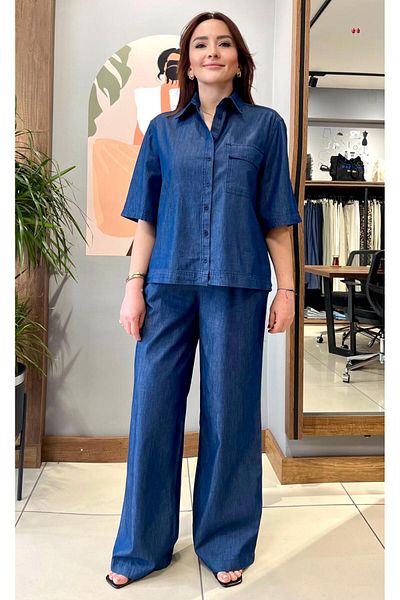 ARZU ÖZEL MODA ATÖLYESİ İne Denim Summer Suit Short Sleeve Shirt & Elastic Waist Pants.