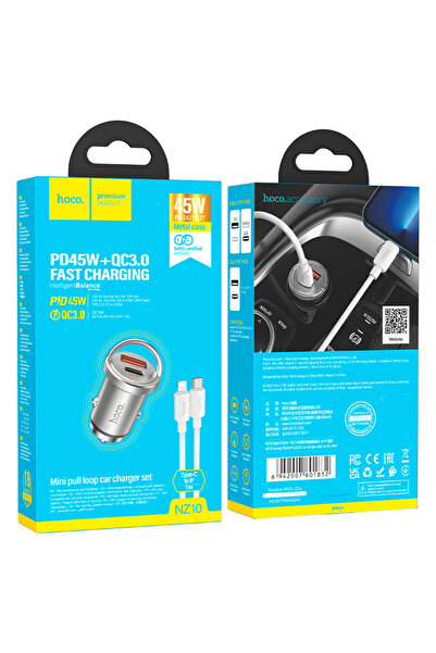 REDz Accessories Σετ φόρτισης αυτοκινήτου για iPhone, Hoco NZ10 + καλώδιο Lightning 1m, γρήγορη φόρτιση 45W, ασημί