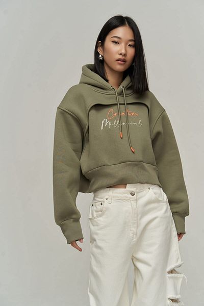 MAİ COLLECTİON Creative Soft Khaki Crop Sweatshirt