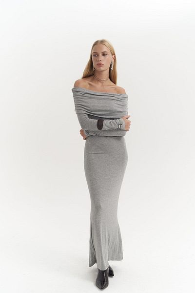 MAİ COLLECTİON Afro Carmen Collar Gray Long Dress
