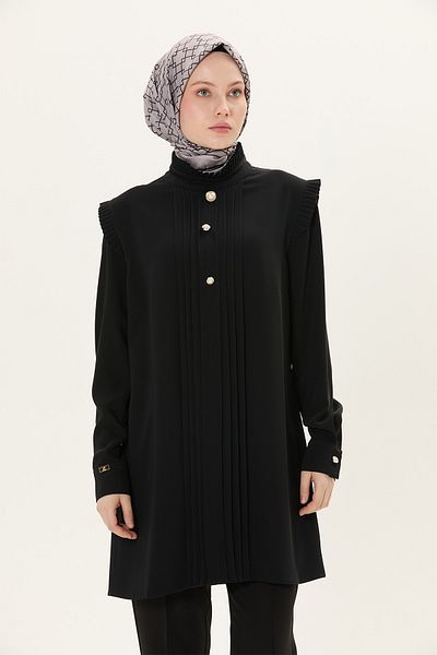 Setrms Stylish Buttoned Tunic with Pleated Collar