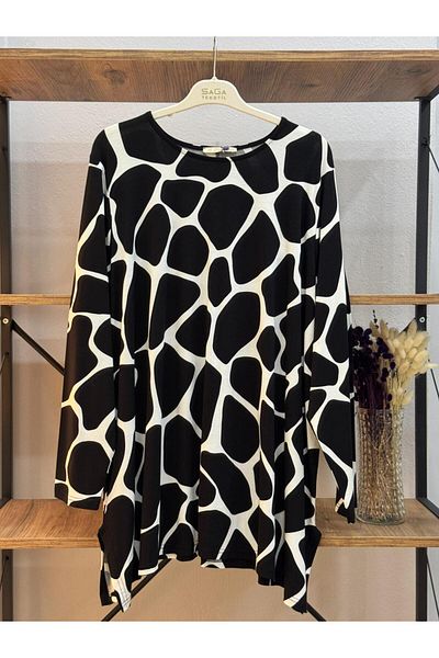 ÖZNE BUTİK Women's 100% Cotton Lycra Stone Pattern a Model Cycling Collar Combed Cotton Tunic
