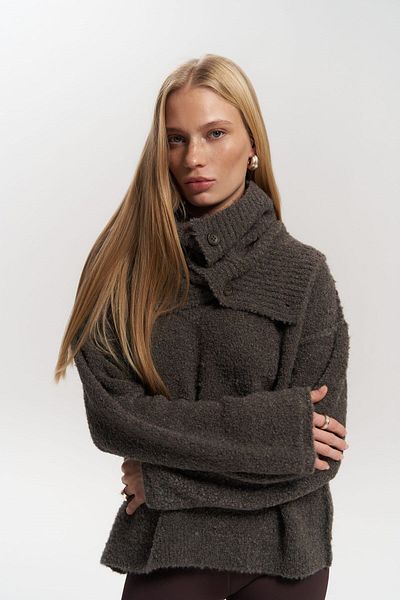 MAİ COLLECTİON Peoria Neck Collar Detail V-Neck Brown Knitwear Sweater