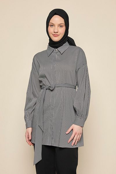 Setrms Belted Hidden Placket Striped Sports Tunic