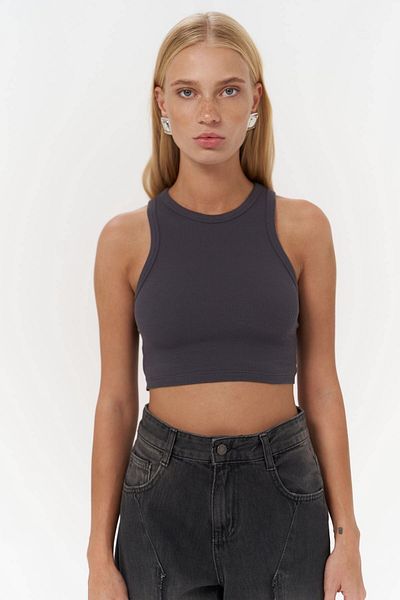 MAİ COLLECTİON Fleur Corded Halter Collar Anthracite Crop