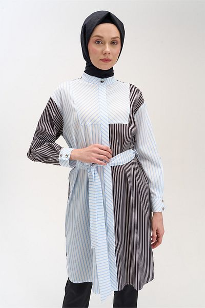 Setrms Belted Double Color Striped Tunic