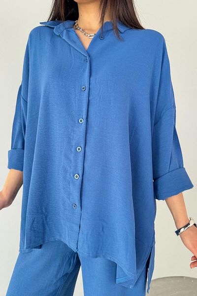 Cappmoda TKM-13263 Cămașă albastră Pantaloni largi Set dublu