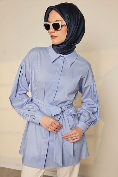 Setrms Belted Hidden Placket Striped Sports Tunic